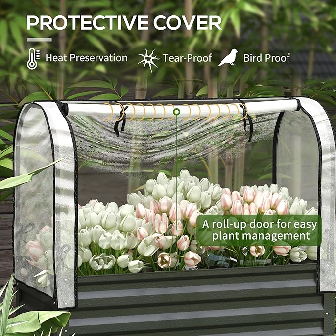 Metal Elevated Planter BoxRaised Garden Bed with Legs and Coverwith Bottom Shelf and Liner for Vegetables