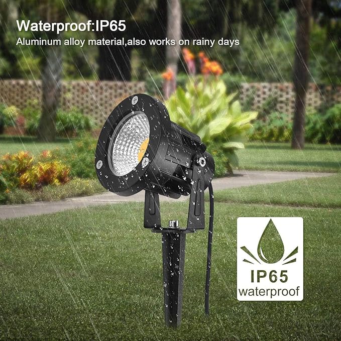 7W COB Landscape Lights Warm White 3000K Waterproof IP65 Spotlight with US Plug and 3M/9.84ft Rubber Wire Outdoor Pathway/Flag Lights with Stake for Garden Yard Lawn Decoration(2 Packs)