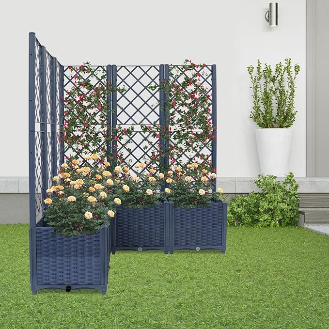 56 H Raised Garden Bed with Trellies &amp 5 Planter Boxes Large Garden Box Outdoor Elevated Planter Box with Legs Vertical Lattice Panels for Flowers Herbs Vegetables Climbing Plants (Blue)