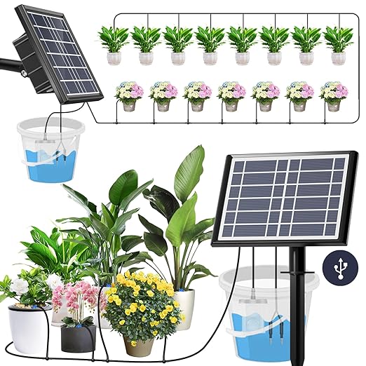49FT Solar Drip Irrigation Kit System 900ml/min Garden Watering System3W 3000mAh Larger CapacityAutomatic Raised Bed Watering System for 15 Potted Plants