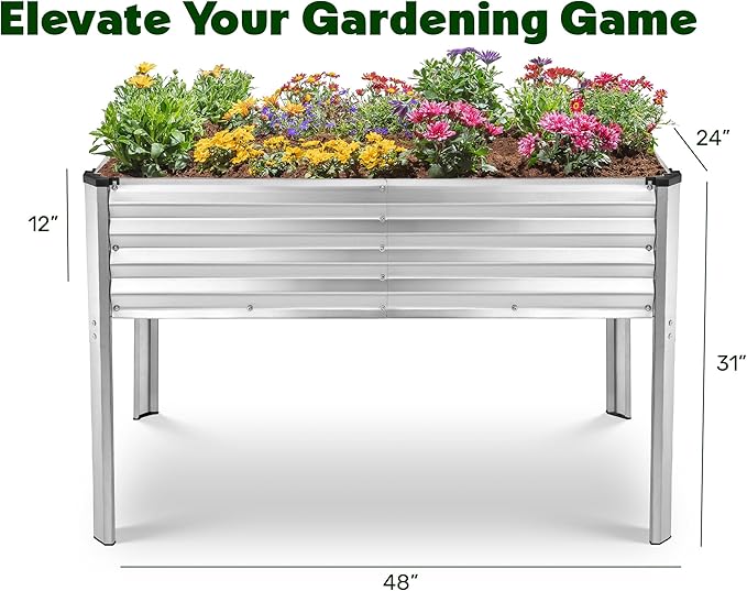 Galvanized Raised Garden Beds Outdoor with Legs // 48×24×31in Elevated Planter Box for Vegetables Flowers (Silver) // Large Metal Garden Bed for Backyard Patio Gardening