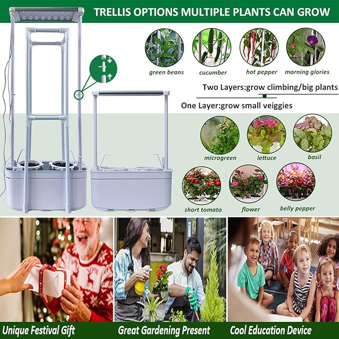 Hydroponics Growing System kit with TrellisSmart Hydroponic Gardening System with LED Grow Light Indoor Hydroponic Garden Herb Grow Kit for Short TomatoPepperCucumber (6200LC)