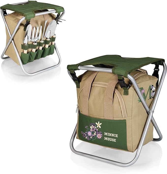 PICNIC TIME Disney Minnie Mouse Gardener Folding Seat with Tools Folding Garden Stool with Detachable Storage Tote Bag Portable Folding Chair Seat with GardenTools Set Organizer (White)
