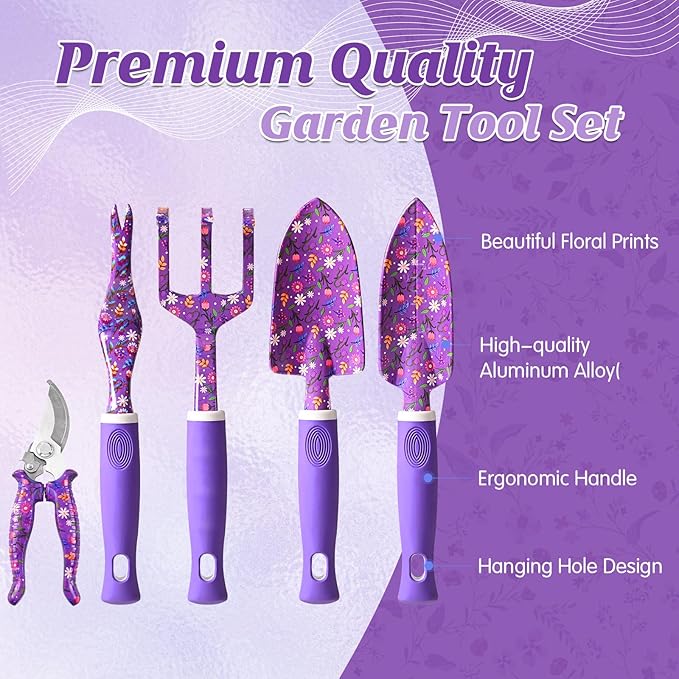 Lifecapido Gardening Gifts for Women Garden Tool Set 14 PCS Gardening Tools Set Kit with Tool Bag Plant Lover Birthday Christmas Mothers Day Garden Tools Gifts for Gardeners Women Mom (Purple)