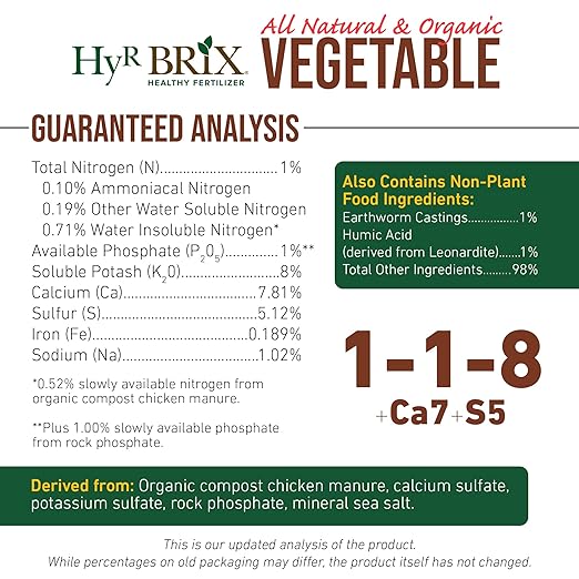 HyR BRIX All Natural &amp Organic 1-1-8 Vegetable Garden Fertilizer 20lb Bucket - Slow-Release Plant Food with Calcium &amp Sulfur - Essential Micronutrients for Healthier Produce
