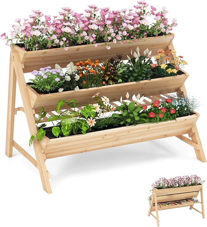 Giantex 3-Tier Raised Garden Bed Wooden Vertical Planter Box with Storage Shelf 2 Hanging Hooks &amp 3 Bed Liners All-Weather Freestanding Planter Elevated Raised Beds for Lawn Patio Natural