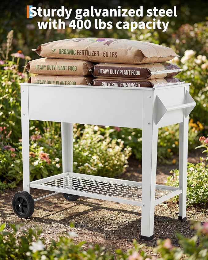 Elevate 39 Raised Garden Bed with Wheels &amp Storage Shelf 400 Lbs Capacity Anti-Rust Steel Planter Box for Vegetables &amp Herbs Patio/Balcony/Backyard