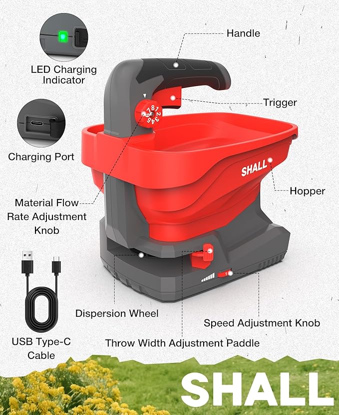 SHALL Battery Powered Fertilizer Spreader 7.2V Rechargeable Seed Spreader for Salt De-Icer Earth Food Grass Seed 8-Level Settings and 3.3L Large Capacity Spreading up to 6458 sq.ft