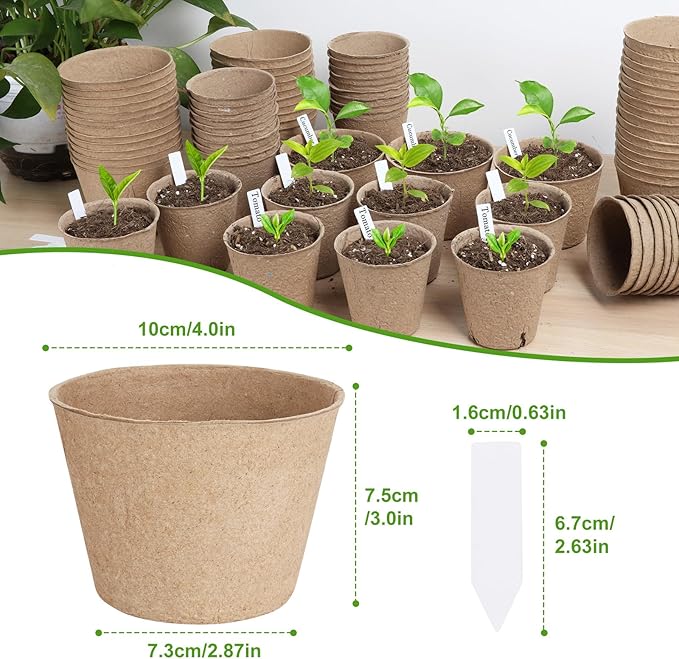 132 Pack Organic Peat Pots 4 Inch Nursery Pot Round Plant Seedling Pots with Drainage Holes Small Seed Starting Starter Tray Bulk Garden Germination Container with 132 Planting Labels (10 cm)