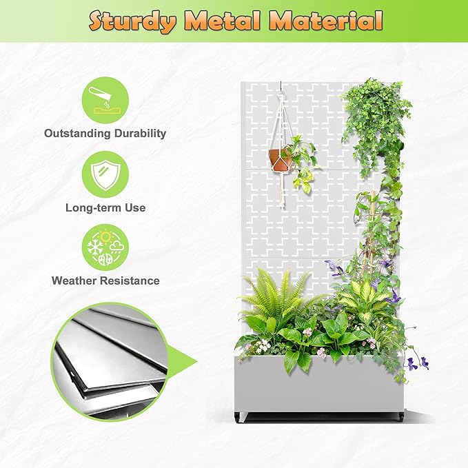 Metal Raised Garden Bed with Trellis 2-in-1 Planter Box &amp Privacy Screen for Climbing Plants Outdoor Standing Flower Bed with Drainage Holes 35.4 L x 15.7 W x 70.1 H White-Square