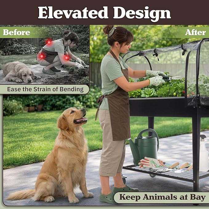 Raised Garden Bed with Cover - 31.5”x15.75”x47.25” Metal Elevated Planter Box with Legs Greenhouse Cover Wheels and Storage Shelf - for Growing Flowers Vegetables or Herbs by Pure Garden (Black)
