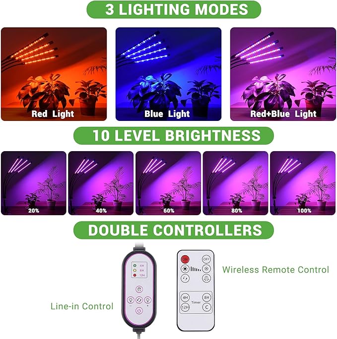 Grow Lights 80 LED Floor LED Grow Lamp with Stand Tripod Adjustable Plant Light with Red Blue Spectrum for Indoor Tall &amp Large Plants 4/8/12H Timer 3 Light Modes 10 Dimmable Levels