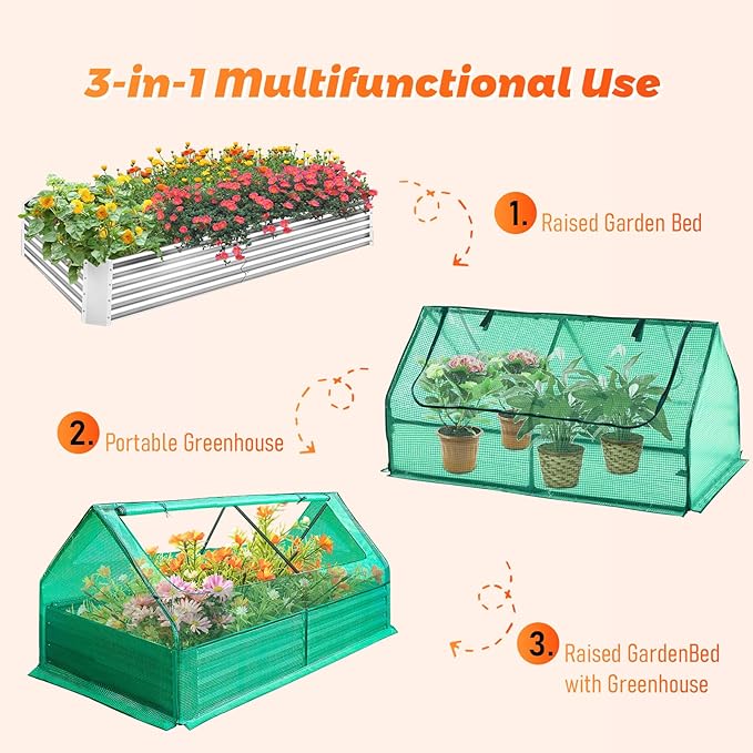 Galvanized Raised Garden Bed Mini Greenhouse Outdoor Raised Garden Planter Box for Vegetable Flower Fruit Metal Planter Garden Box for Garden Yard (72x37x36 in)
