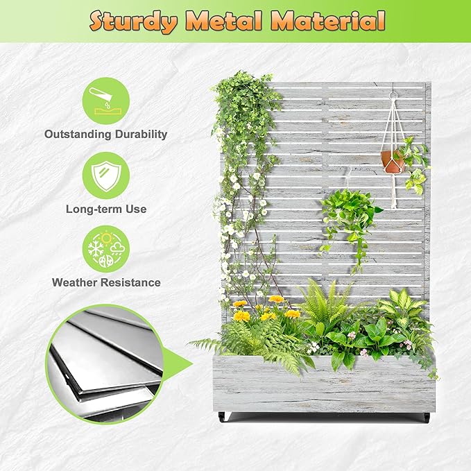 Metal Raised Garden Bed with Trellis 2-in-1 Planter Box &amp Privacy Screen for Climbing Plants Outdoor Standing Flower Bed with Drainage Holes 47.2 L x 16.7 W x 70.8 H White Oak Grain