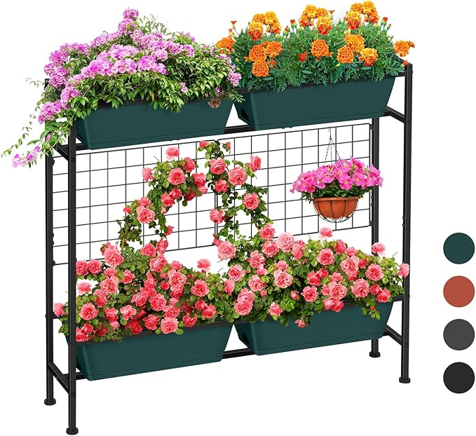 Raised Garden Beds 32.4 Tall Vertical Planter Boxes with Trellis Standing Herb Garden Planter Outdoor with Metal Fences Legs for Small Climbing Plant Gardening Vegetables Patio Balcony Porch Green