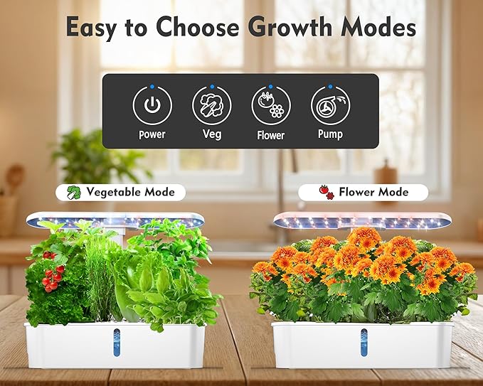 Hydroponics Growing System Kit 12 Pods Hydroponic Herb Garden Kit Indoor with 24W LED Grow Light Smart Indoor Garden Height Adjustable Auto Timer Quiet Pump Gardening Gifts for Mom Women White