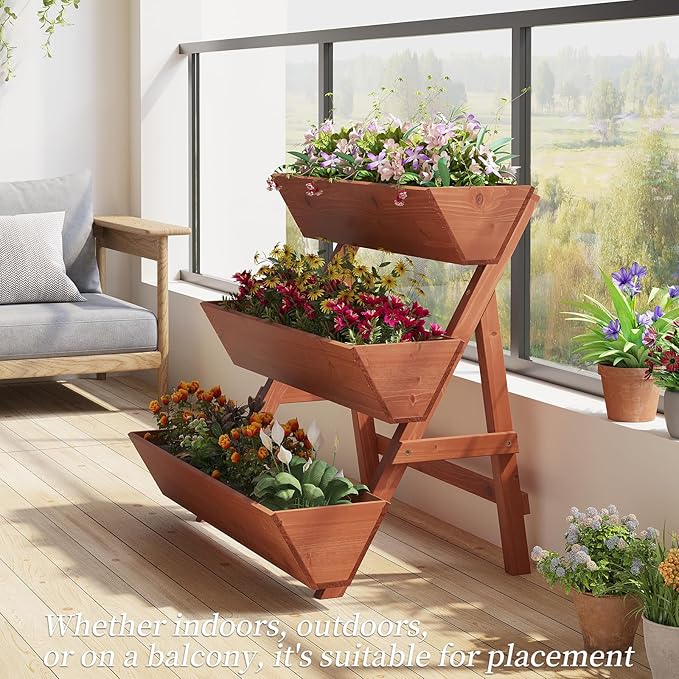 3-Tiers Wooden Raised Garden BedWood Planter Box for VegetableFlower RackFlower Pot StandsIndoor Outdoor Gardening Planting Beds (Brick red Large)