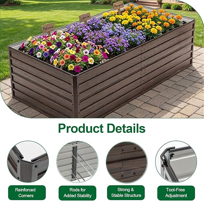 7.2x3.6x2 Ft Outdoor Raised Garden Bed Heavy Duty Galvanized Steel Planter Box with Woodgrain Finish Rectangular Garden Trough for Vegetables Herbs Fruits &amp Flowers Brown