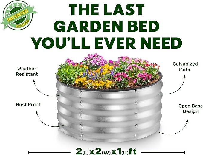 Round Galvanized Raised Garden Bed // 2×2×1 ft Galvanized Raised Garden Beds Outdoor for Gardening Vegetables Flowers // Patented Tool-Free Design Round Planter (Silver)