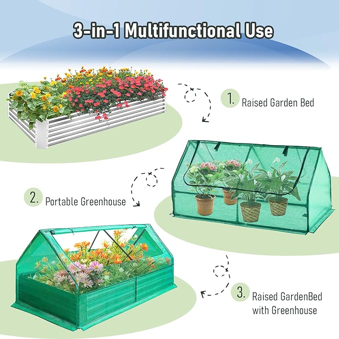 Galvanized Raised Garden Bed with Cover Thicken Metal Planter Box Kit Outdoor Garden Box with 2 Roll-Up Large Screen Windows for Vegetables Flowers Growing (6x3x1 FT)