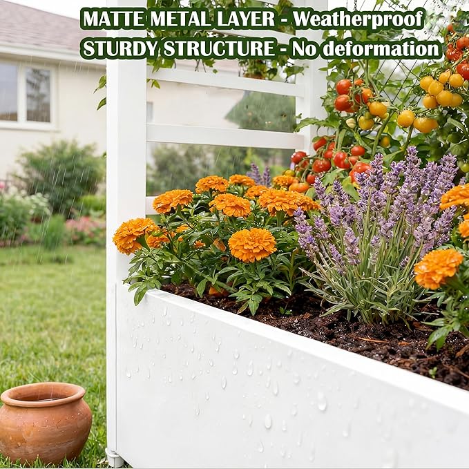 74 Mobile Planter with TrellisWeatherproof Vertical Raise Garden Bed with Trellis &amp Hanging Roof for Climbing PlantsFlowersVegetablesRust-Proof Metal Privacy Planter for Patio (White-A)