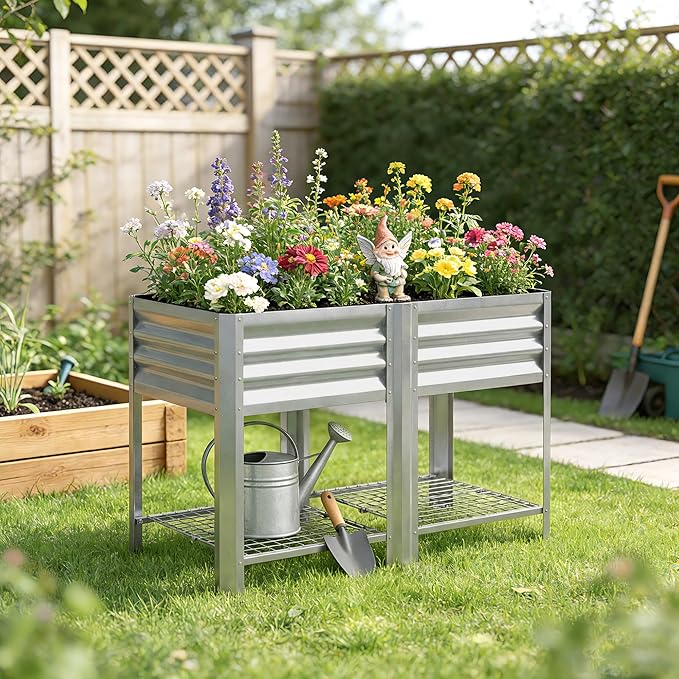 Outsunny Galvanized Steel Raised Garden Bed with Storage Shelf and Bed Liner Elevated Planter Box with Legs for Flowers Vegetables and Herbs for Outdoor Patio Yard Glove Included Silver