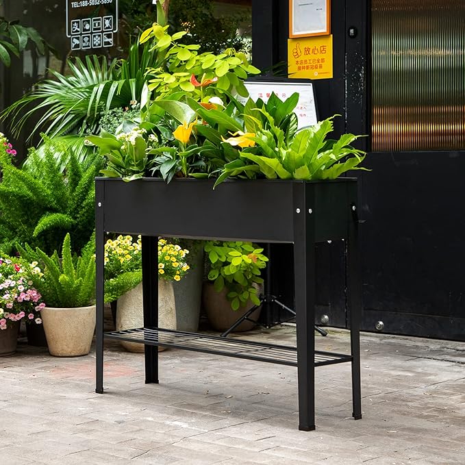 Piksedo Raised Garden Bed Elevated Planter Metal Plant Box with Legs Standing Garden Stand Drainage Holes Frosted Black