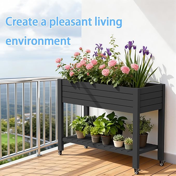43 Elevated Garden Bed with Wheels &amp Legs 78L/21 Gal Large Raised Planter Box with Drainage &amp Water Level Indicator Mobile Herb Garden Kit for Patio &amp Balcony Black