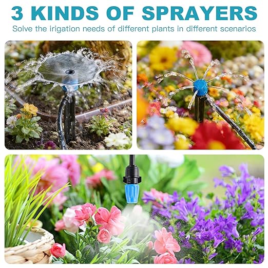 Garden Drip Irrigation System - 230FT Quick-Connect Automatic Watering Misting System Kit with 1/2 &amp 1/4 Tubing Adjustable Spray Nozzles &amp Sprinklers for Lawn Plant Bed Greenhouse DIY Ir