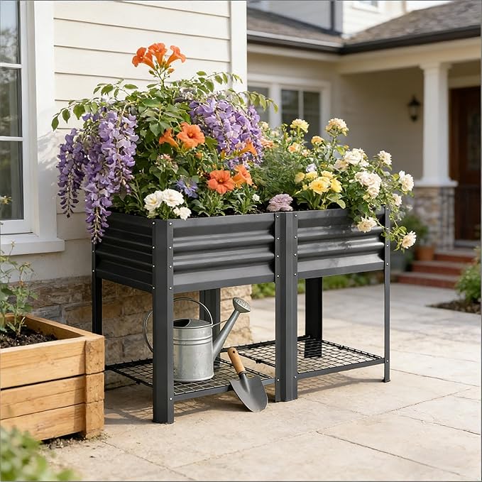 Elevated Outdoor Raised Garden Bed with Legs - 39.6-Gallon Galvanized Steel Planter Box for Patio Herbs Vegetables &amp Flowers - Ergonomic Height 33lb Storage Shelf (Dark Gray)