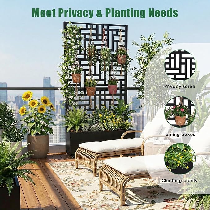 70.87x35.43x15.75 Inch Metal Planter Box with Trellis and Wheels Privacy Screen Planter with Drainage Holes Outdoor Garden Box for Climbing Plants Vine (02)