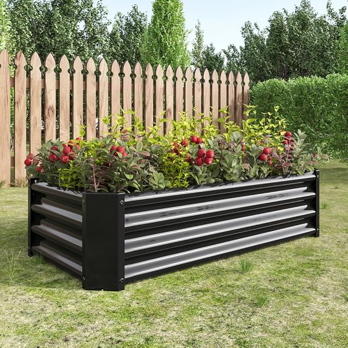 Outdoor Metal Raised Garden Bed Rectangle Raised Planter 4×2×1ft for Flowers Plants Vegetables HerbSucculents (Black)