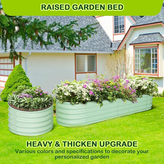 8x2x1.5ft Oval+2x2x1.5ft Round Galvanized Raised Garden BedPlanter Raised Garden Box OutdoorRaised Planter BoxLarge Planter Raised Bed for Vegetables Flowers FruitsRubber Edge Green