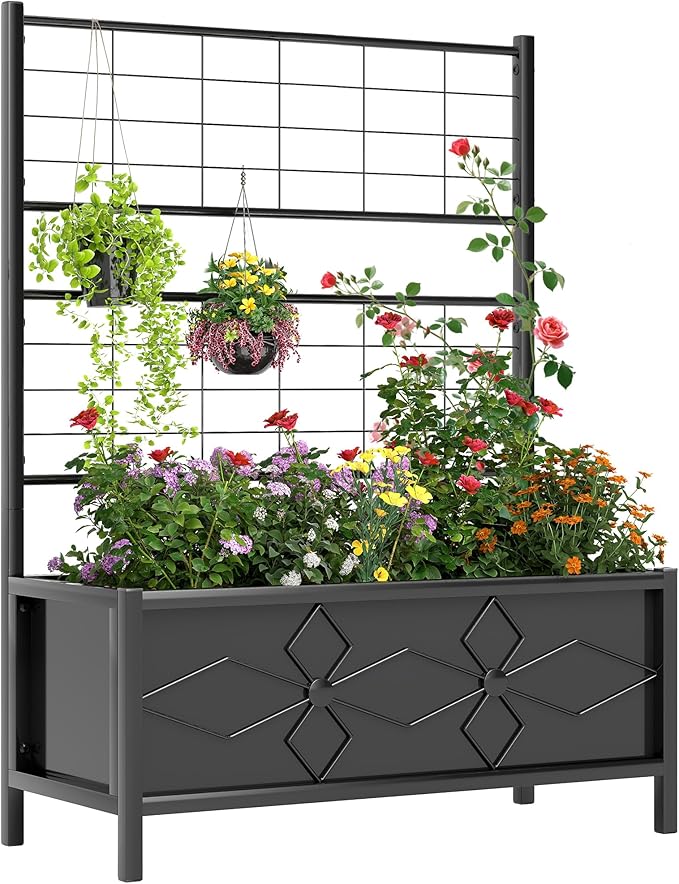 Outsunny Planter Box with Trellis 35.4 x 15.7 x 47.2 inch Raised Garden Bed with Drainage Holes Planters for Outdoor Plants Vegetables Flowers Herbs Trellis Planter Black