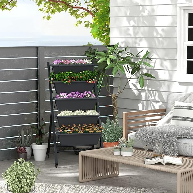 Vertical Garden Bed with Wheels 5 Tier Raised Garden Bed w/Removable Planter Boxes Lockable Wheels Drainage Holes Rolling Vertical Planter for Herb Vegetable Flower Outdoor Patio Balcony