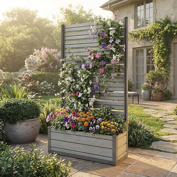 Aoodor Patio Privacy Screen with Planter Box for Climbing Plants Freestanding or Wall Mounted Flower Bed with Privacy Panels for Patio Balcony &amp Backyard 47''L x 14''W x 74''H