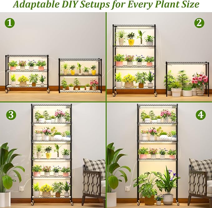 Plant Shelf with Grow Light DIY 6-Tier Plant Stand with Grow Light Adjustable Rack and Wheels 8 Pack 24 192W T8 Full Spectrum Grow Lamp for Indoor Plants Seed Starting Vegetable 29x13.5x73.5
