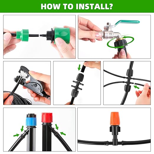 240FT DIY Automatic Drip Irrigation System Kits for Garden Plant Watering Misting System for Greenhouse Patio Lawn with Adjustable Drip Emitters 5/16 and 1/4 Irrigation Tubing Connectors Fittings
