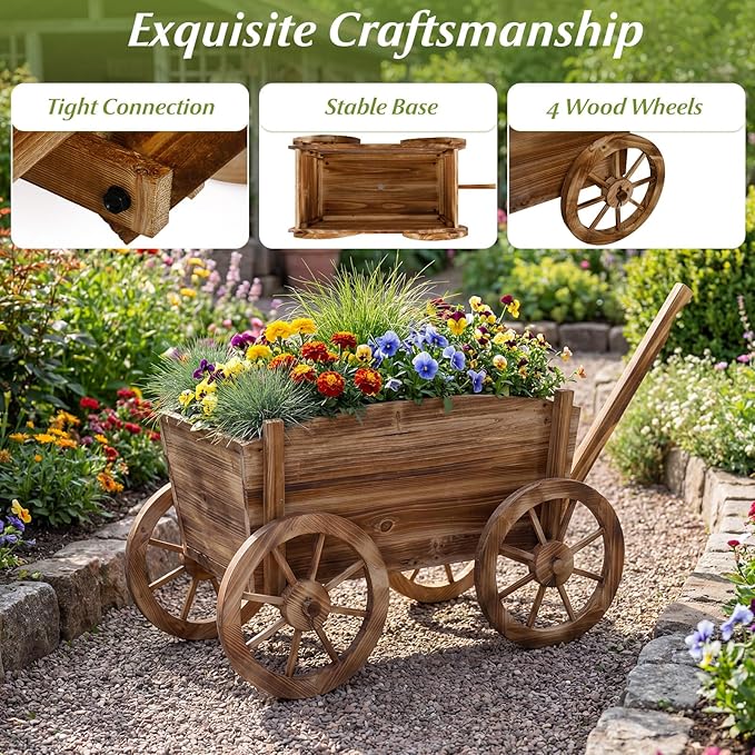HAPPYGRILL Wood Wagon Wheelbarrow Planter Outdoor Rolling Garden Planter Cart with 4 Wheels Drainage Hole &amp Adjustable Handle Decorative Wagon Flower Pot Stand for Home Backyard Patio(1)