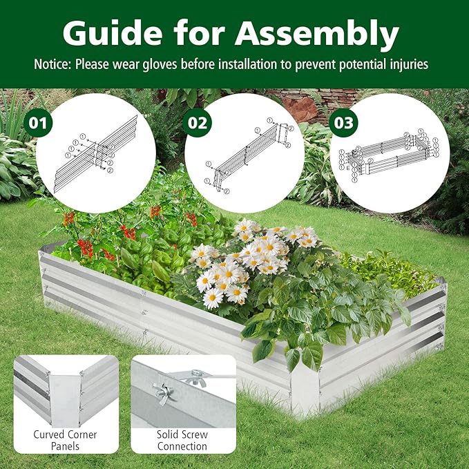 Giantex 2 Pcs Galvanized Raised Garden Bed 6x3x1ft Large Metal Planter Box with Gloves Outdoor Bottomless Planter Raised Bed Kit for Vegetables Flowers Herbs Fruits Silver