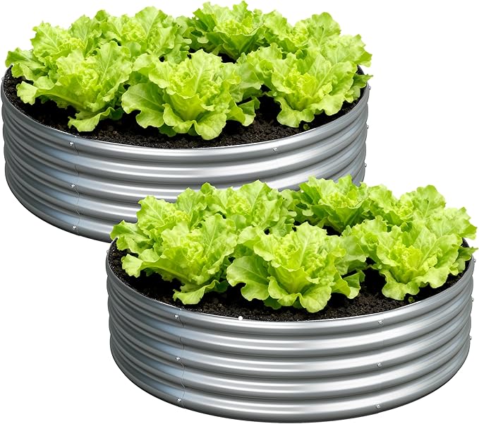 4x4x1ft(2 Pack) Galvanized Round Raised Garden BedOutdoor Planter Box Metal Patio Kit Planting Bed for Vegetables Flowers HerbSilver