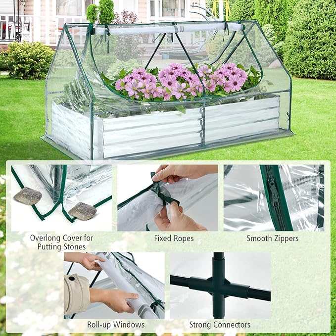 Raised Garden Bed with Cover - 6 x 3 x 3Ft Galvanized Steel Planter Box Kit with 2-Tier Roll-Up Zipper Windows Outdoor Mini Greenhouse for Growing Fruit Vegetable Flower Herbs