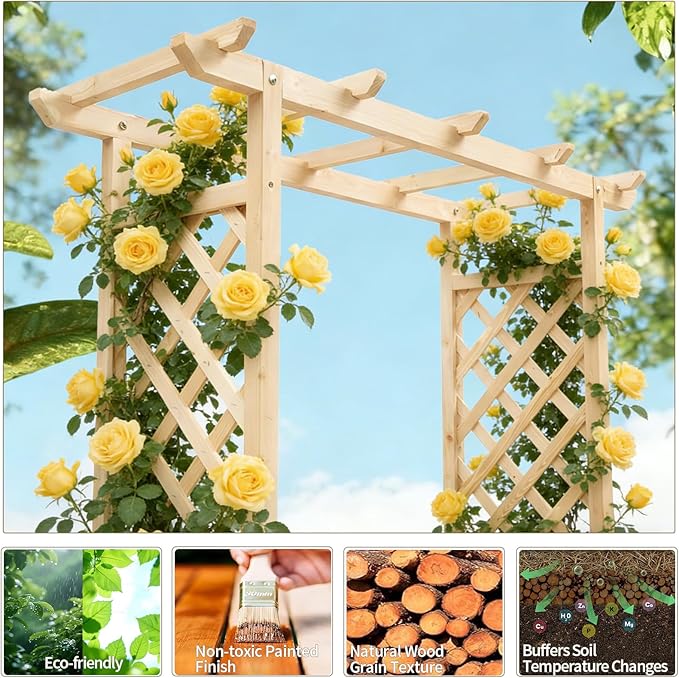 Outvita Raised Garden Bed with Trellis Wood Planter Box with Hanging Roof Side Trellis and Drainage Holes Above Ground Elevated Garden Bed for Outdoor Climbing Plants Vegetables (Natural Wood)