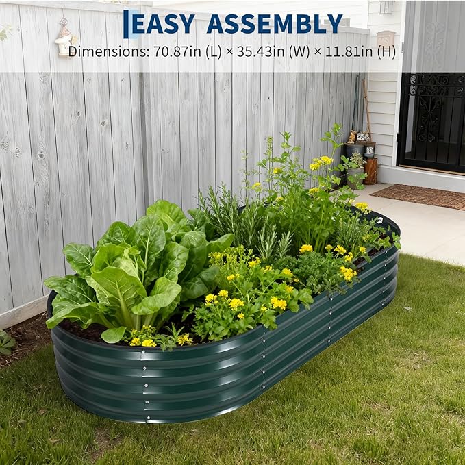 Large Oval Galvanized Raised Garden Bed Kit with Protective Cover Open Base Steel Planter Box with Zippered Screen Doors Easy Assembly Outdoor Raised Bed for Vegetables Flowers Dark Green