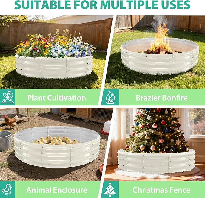 5FT Diameter Galvanized Garden Raised Bed/Plant Box/Fire Pit Ring - 0.8mm Thick12 Inch TallPerfect for Planting a Variety of FlowersHerbsVegetables (Cream White 60 Dia X 12 inches)