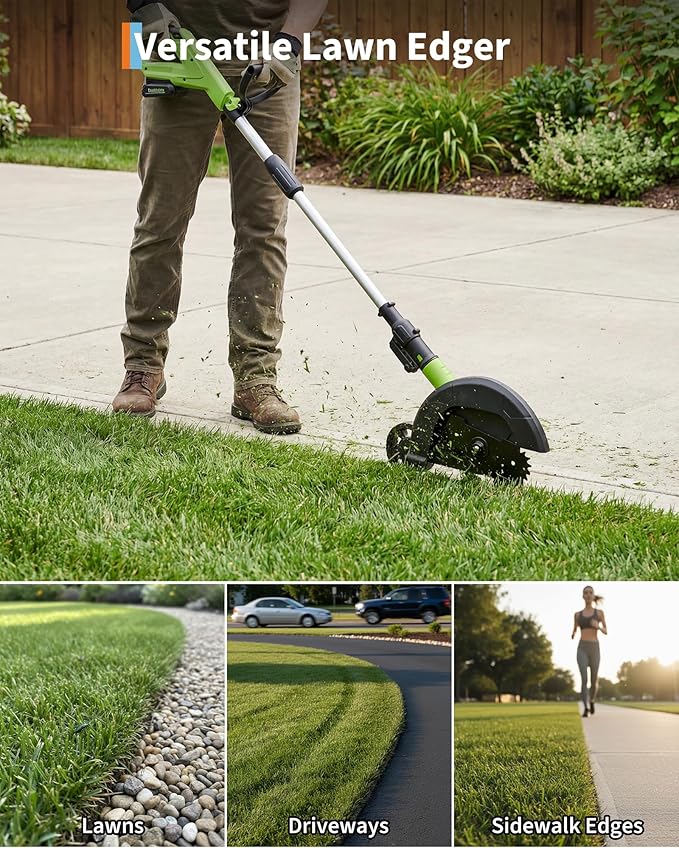 20V Cordless Lawn Edger 9-Inch Blade 4.0Ah Battery Powered Edger Lawn Tool with Dual Wheels 3 Depth Settings LawnTrencher for Yard Garden Patio Driveway Lawn and Sidewalk