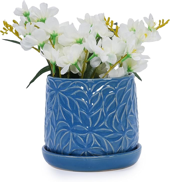 Handmade Ceramic Planter Set of 2 6 8 Diameter Deep Blue with Leaf Pattern for Succulents Herbs IndoorOutdoor Shelf Table Use Breathable Clay with Saucers
