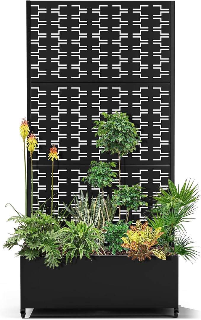 15.7×70.9×35.4 Metal Raised Garden Bed with Trellis and Wheels - Tall Trellis Planter Box for Climbing Plants Vegetables &amp Vines - Outdoor Privacy Planters for Patio (Black-Brick)