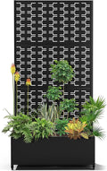 15.7×70.9×35.4 Metal Raised Garden Bed with Trellis and Wheels - Tall Trellis Planter Box for Climbing Plants Vegetables &amp Vines - Outdoor Privacy Planters for Patio (Black-Brick)