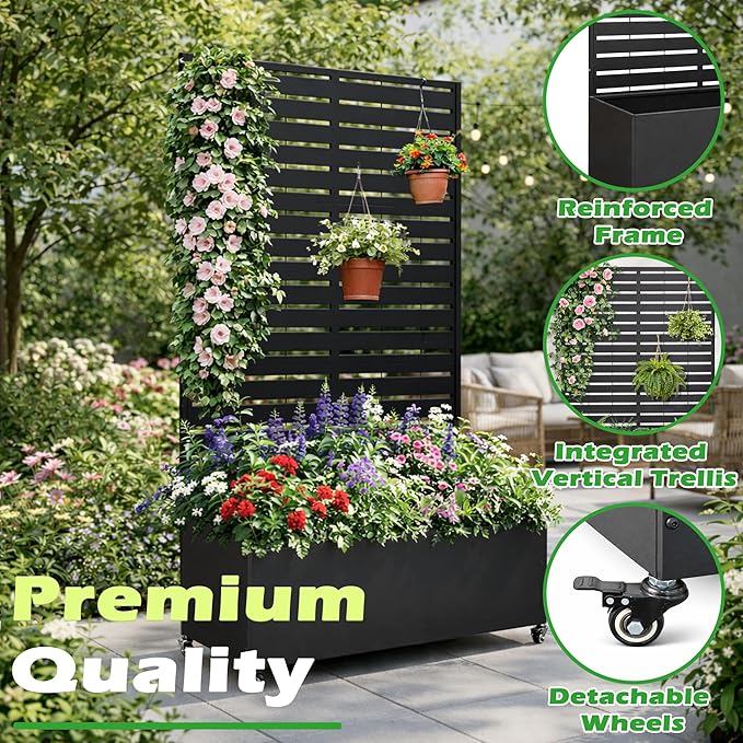 Metal Planter Box with Trellis 43” L x 16” W x 71” H Raised Garden Bed with Wheels Privacy Planters for Patio Metal Planter Box with Drainage Holes Black